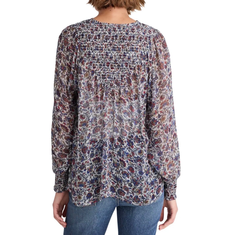 NWT Madewell Smocked Split Crewneck Top Cherry Red Blue Size Small Long Sleeve - Picture 2 of 9